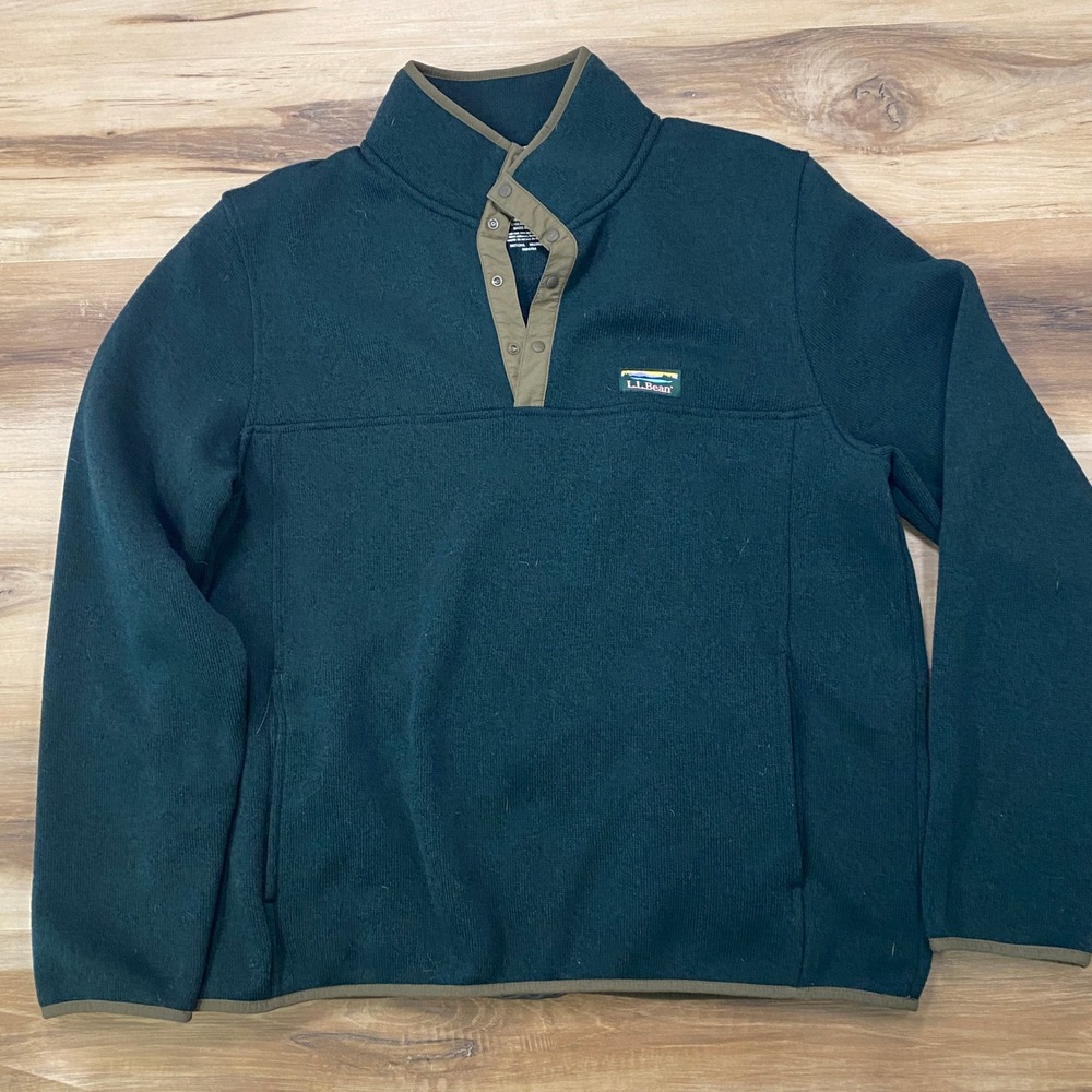 LL Bean Sweater Fleece Pullover L Large Snap Neck Mens Green Slightly Fitted